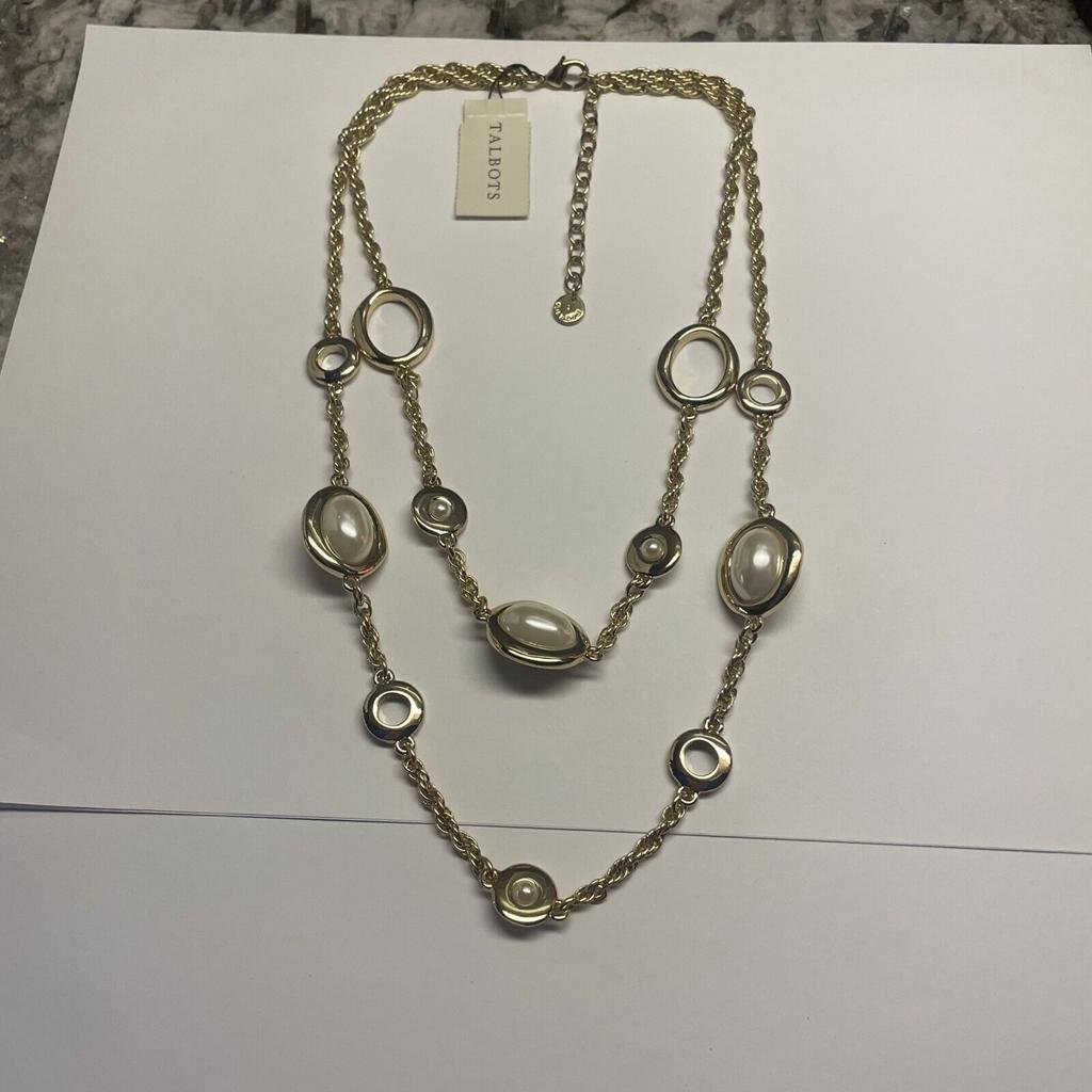 Talbots Gold Tone Faux Pearl Statement Necklace Nwt Double Strand 25$